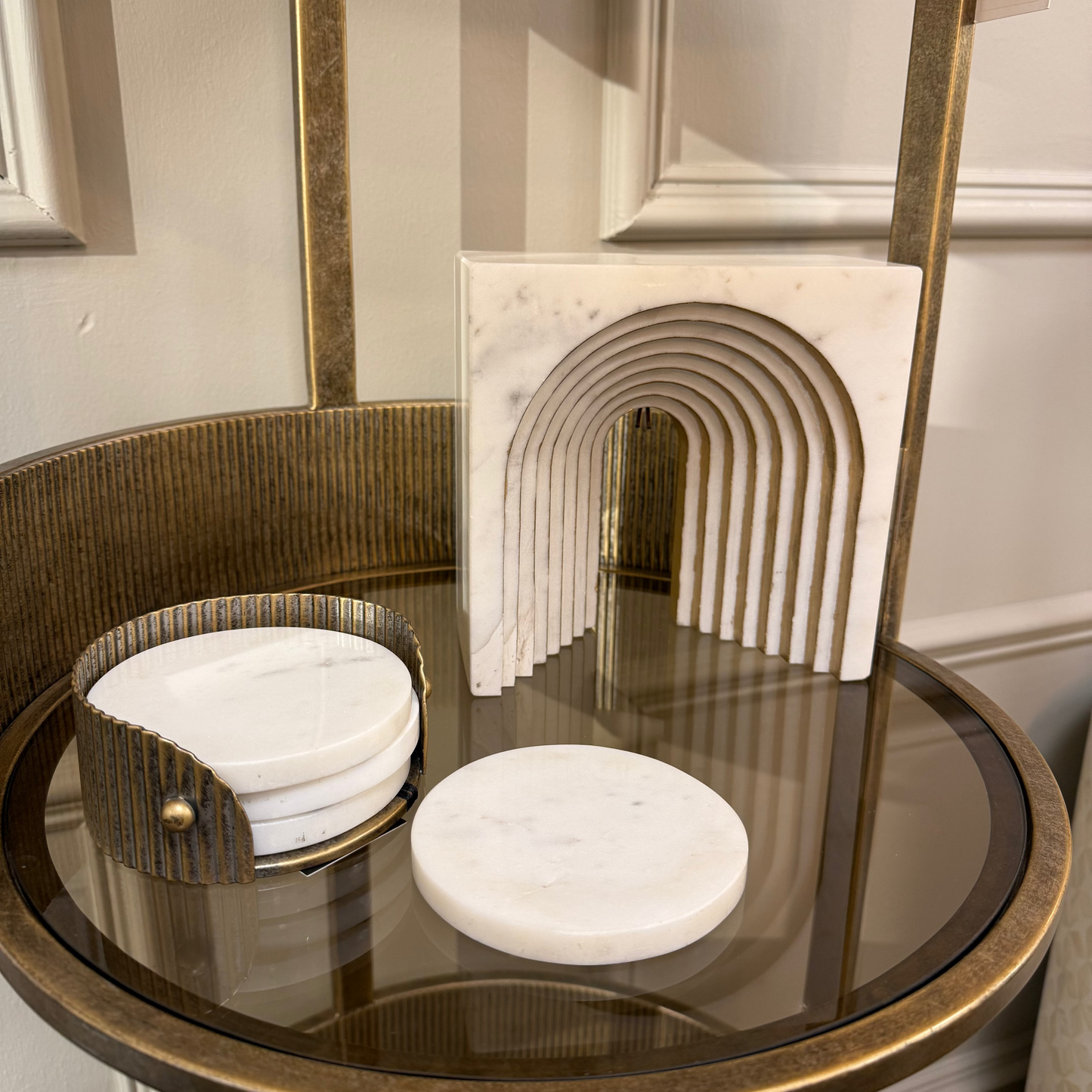 White Marble Coasters With Aged Gold Holder Set Of 4