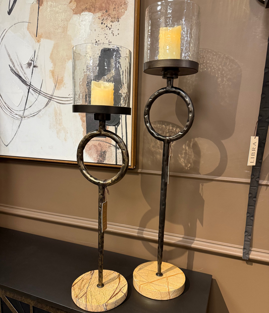 Antique Gold Floor Hurricane Candle Holder With Marble Base | Large