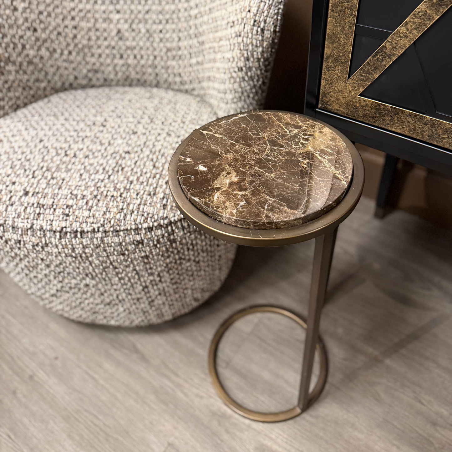 Brown Marble & Bronze Small Sofa Side Table
