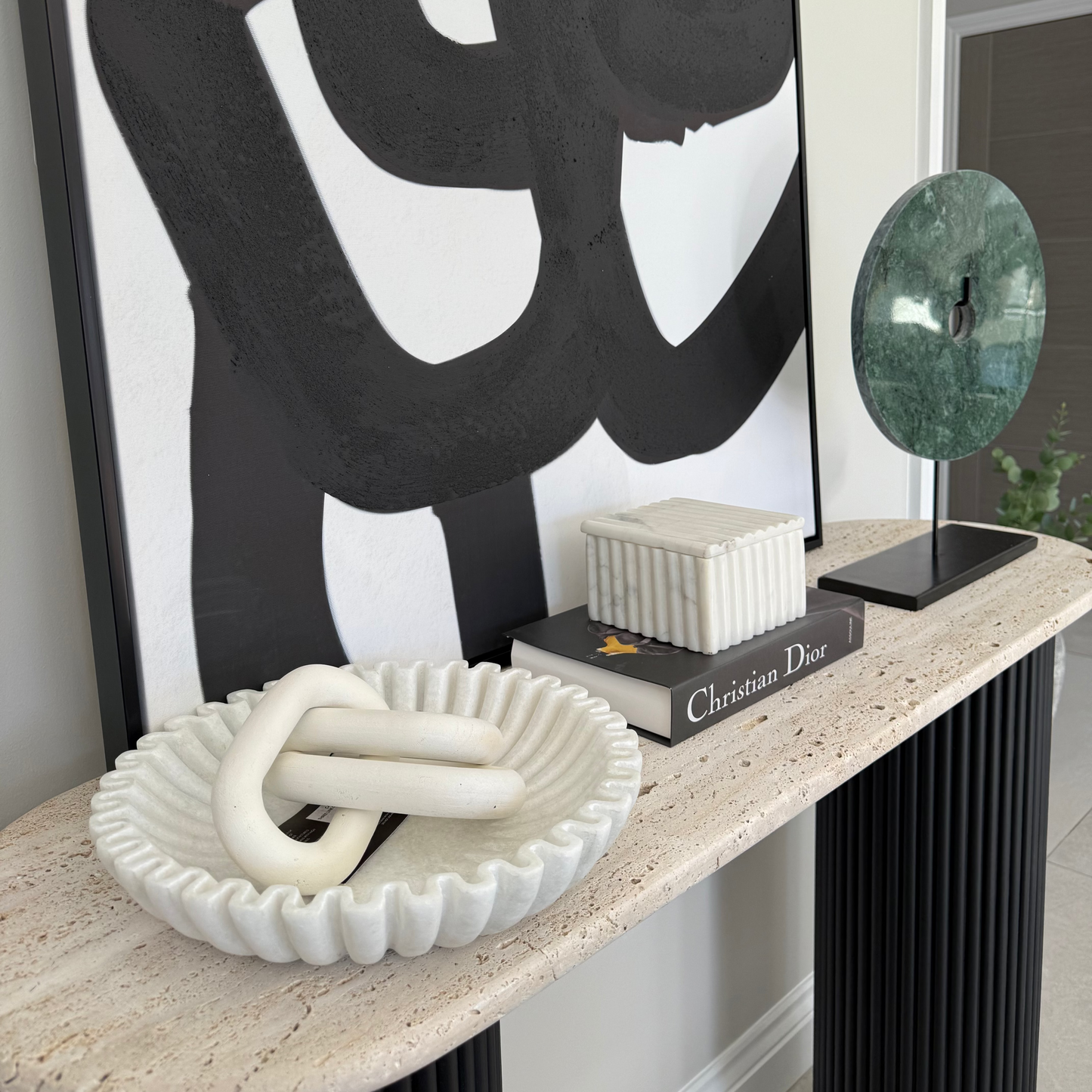 Large Round White Fluted Marble Bowl