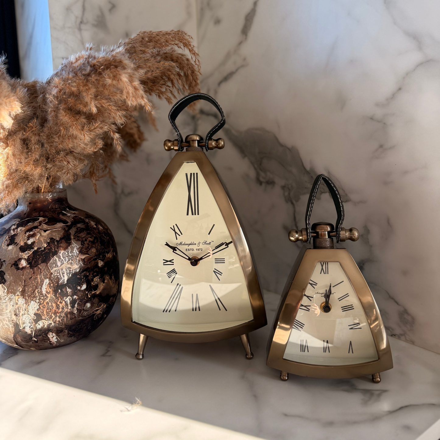 Isosceles Triangle Brass Mantal Table Clock | Small