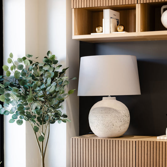 Large Stone Ceramic Lamp With Grey Fabric Shade