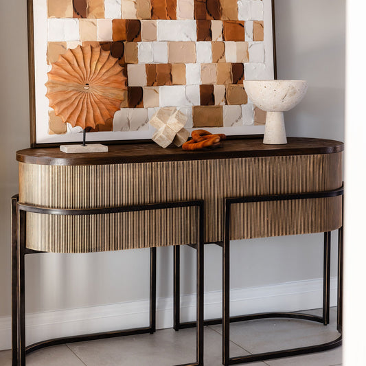 Corrugated Gold/Bronze & Dark Wood Console Table