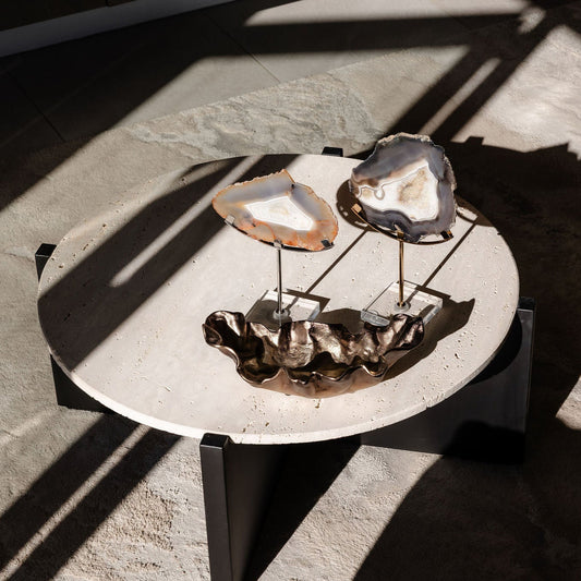 Coffee Table Black Acacia Wood With Travertine Top