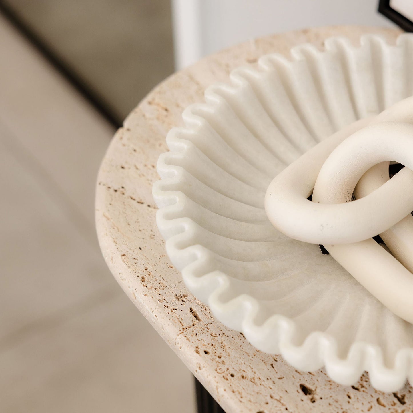 Large Round White Fluted Marble Bowl