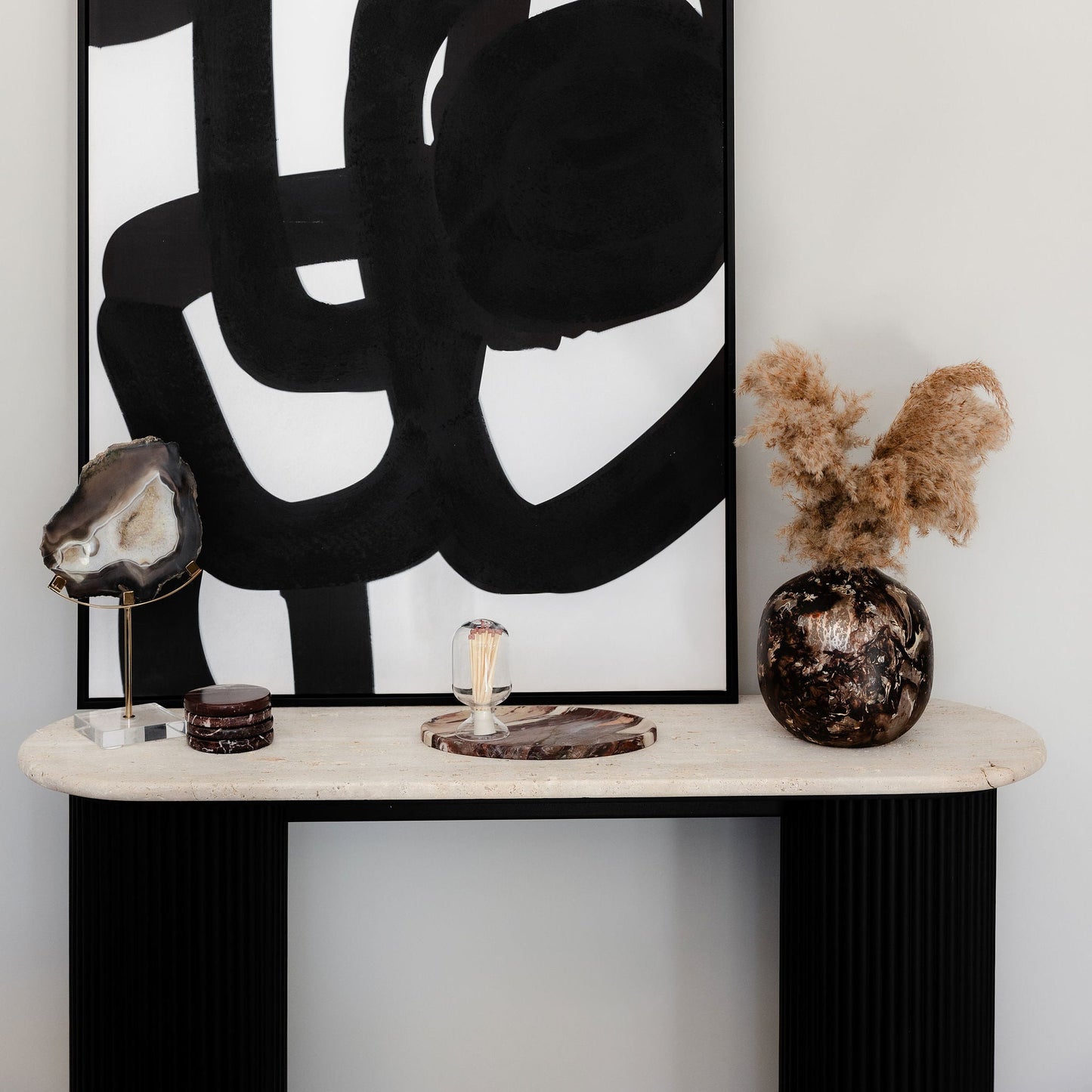Black Acacia Wood Console Table With Travertine Top
