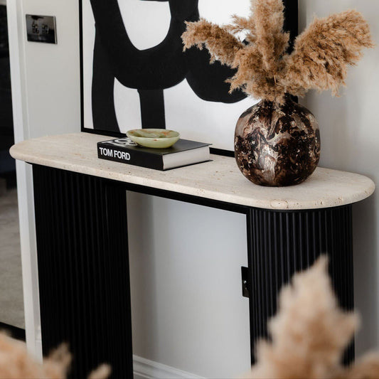 Black Acacia Wood Console Table With Travertine Top